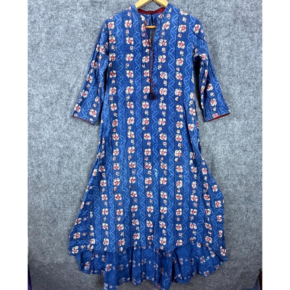 Womens Anarkali kurta 40 Blue Geometric Print Ruffled Hem Keyhole Back Bohemian